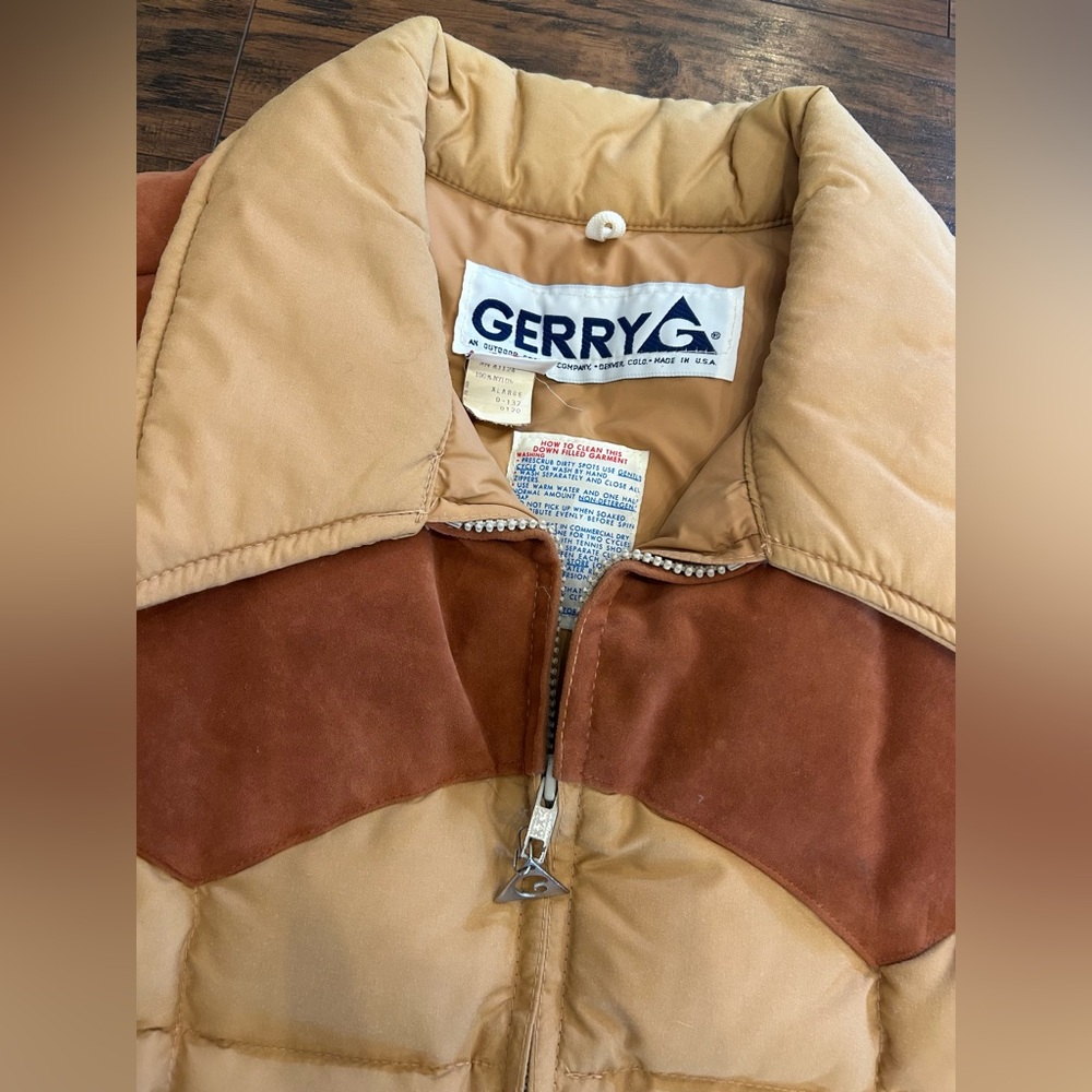 VINTAGE 🍃 GERRY MENS 70s Puffer Vest Color Block Tan Brown Beige USA Large Retro - Picture 2 of 11